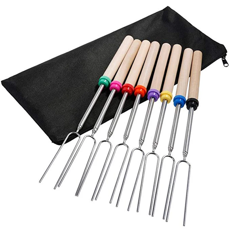 8Pcs/Set BBQ Roasting Sticks Stainless Steel Telescoping BBQ Skewers Forks with Wooden Handle
