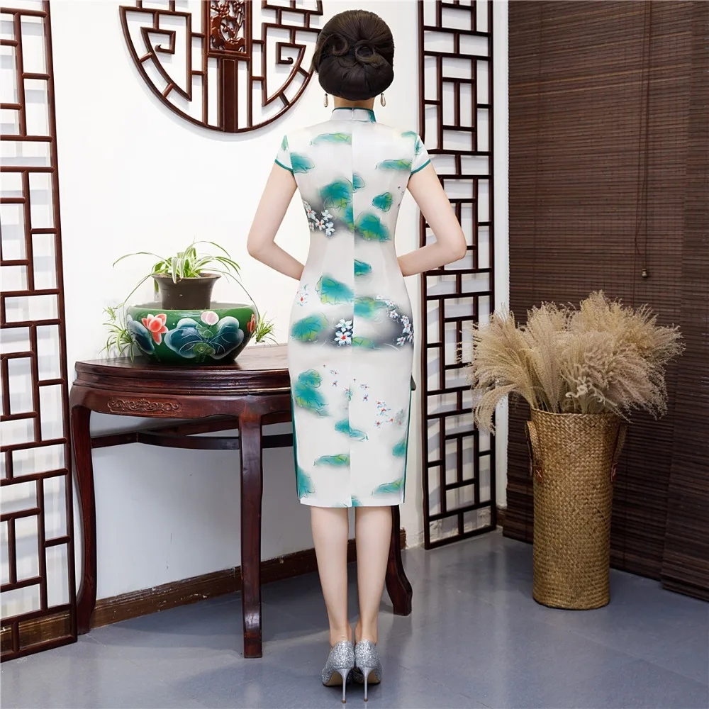 Шанхай история из искусственного шелка короткий рукав цветочный Qipao с подкладкой платье Чонсам китайское традиционное для женщин