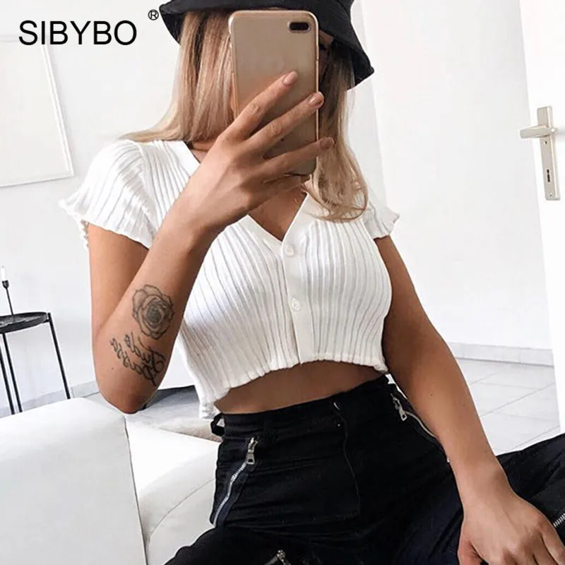 Женский укороченный топ в рубчик Sibybo белый пляжный Повседневный Топ с v образным