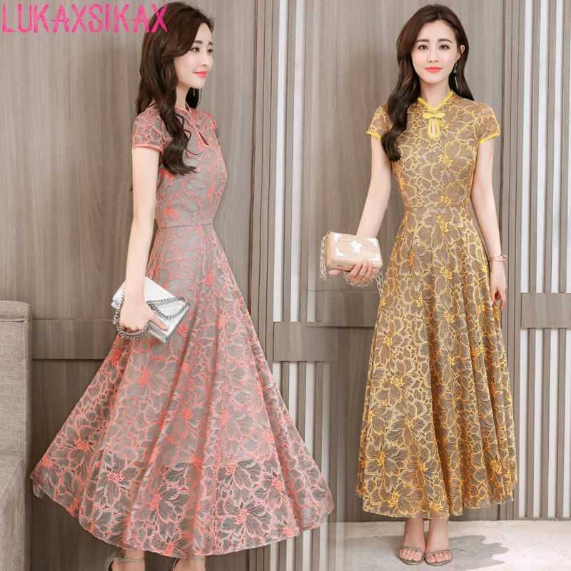 Goede LUKAXSIKAX MODE 2018 Vrouwen Zomer Jurk High end Custom Retro Verbeterd Cheongsam Kant Runway Jurk Vintage Lange Jurk