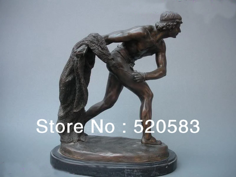 

Signed Bronze marble Art statue nude Male fisherman Net Art Sculpture