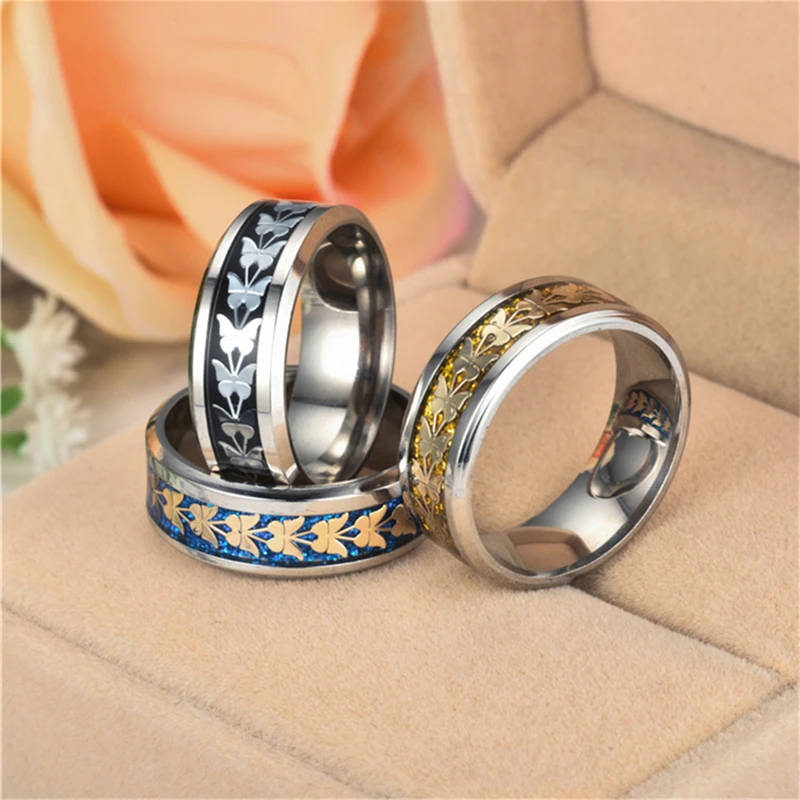ROMAD Fashion Butterfly Rings for Women/Men Stainless Steel Jewelry 8mm Blue/Gold/Black Personality Wedding Ring Size 6-13 R4