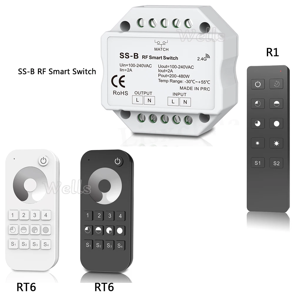 

SS-B RF Smart Switch Output AC100-240V 2A 480W RF smart switch with relay output Smart Switch compatible R1 RT6 remote dimmer