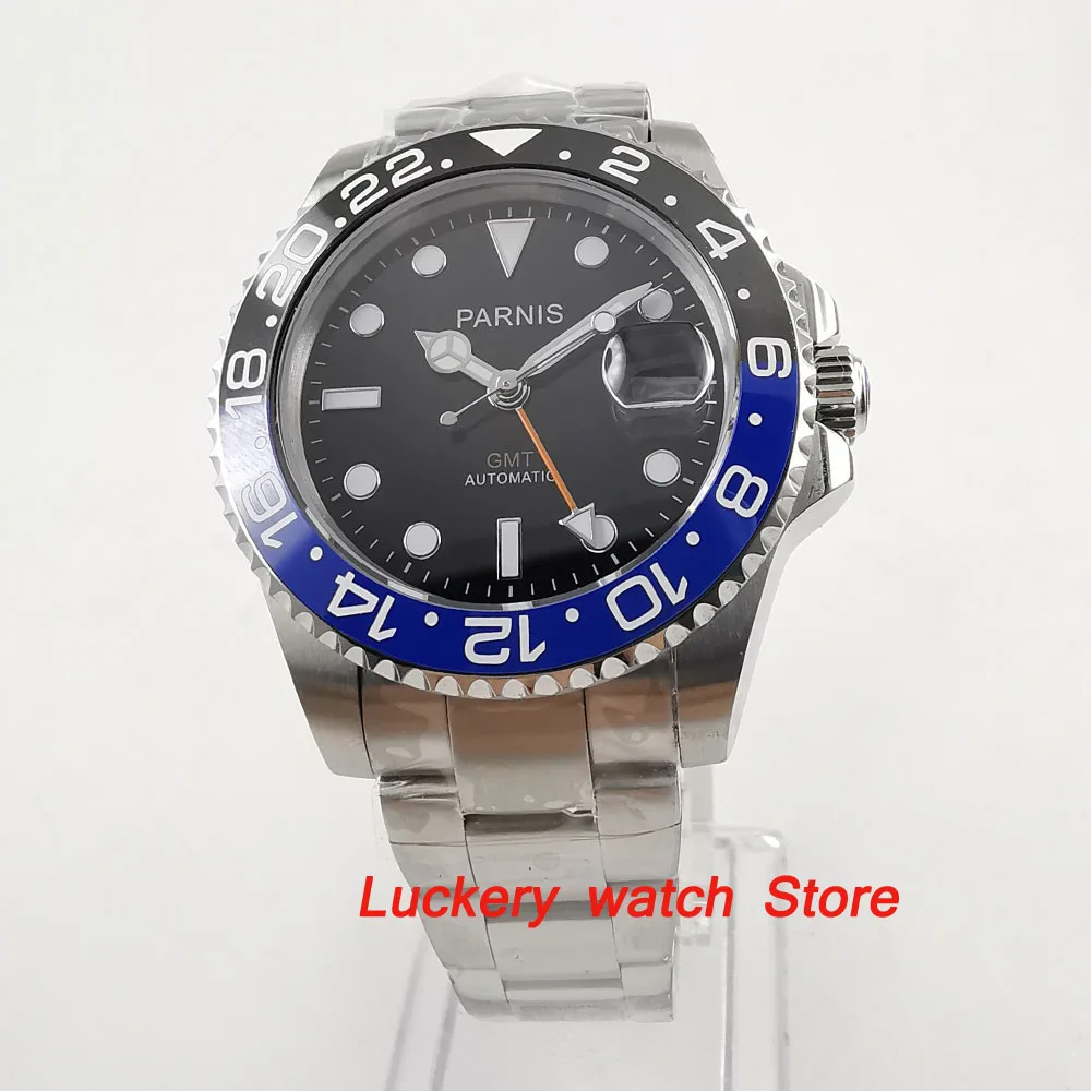 

40mm Parnis Black and blue Ceramic Bezel black dial orange GMT luminous marks sapphire glass automatic Mens Watch-PA51