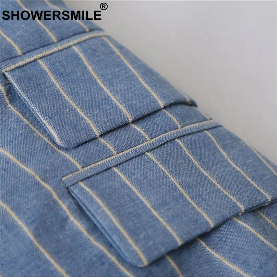 SHOWERSMILE Striped Vest Women Cotton Linen Blue Slim Fit Sleeveless Jacket Female Elegant Office Wear Autumn Vests Waistcoat