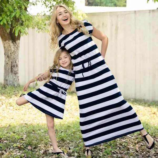 

2019 PPXX New Stripe Girl Women Dress Summer Beach mother daughter dresses Family Matching Clothes outfits Family Look