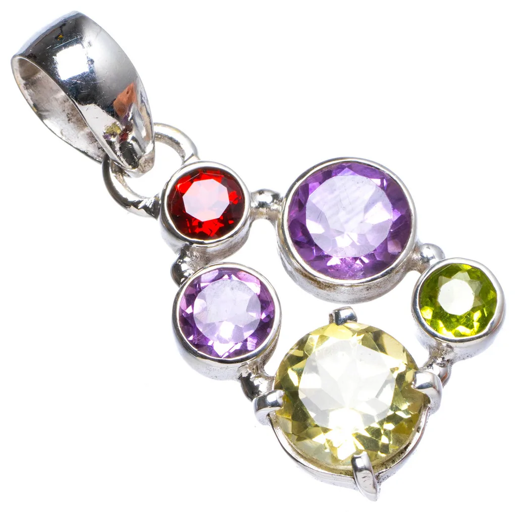 

Natural Citrine,Amethyst,Peridot andGarnet Handmade Unique 925 Sterling Silver Pendant 1.5" X0912