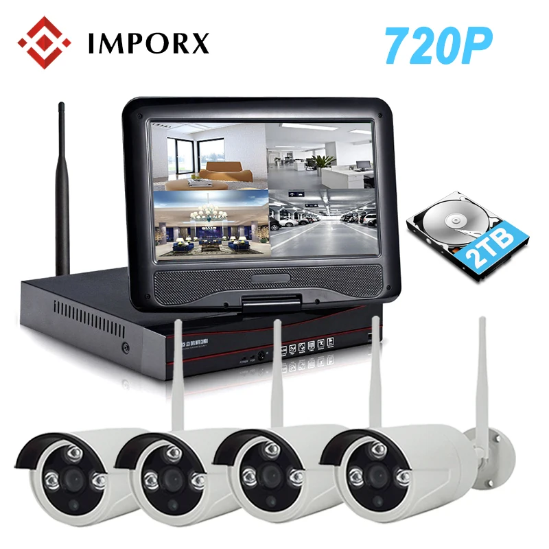 

IMPORX 4CH 720P Wireless NVR Kit 10" LCD Monitor Screen P2P CCTV System 1.0MP Wifi IP Camera Outdoor Security Surveillance Kit