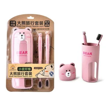 

1set Cartoon Bear Wheat Straw Toothbrush Holder Home Washing Cup Portable Toothbrush Organizer with 2 Toothbrushes Travel Suit