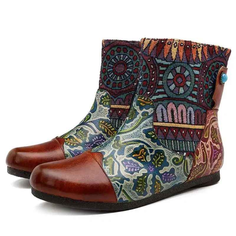 Socofy/ботинки из натуральной кожи с принтом в стиле ретро; женская обувь; женские ботильоны в байкерском стиле на молнии в винтажном стиле; женская обувь; ботинки; Botas - Цвет: Коричневый