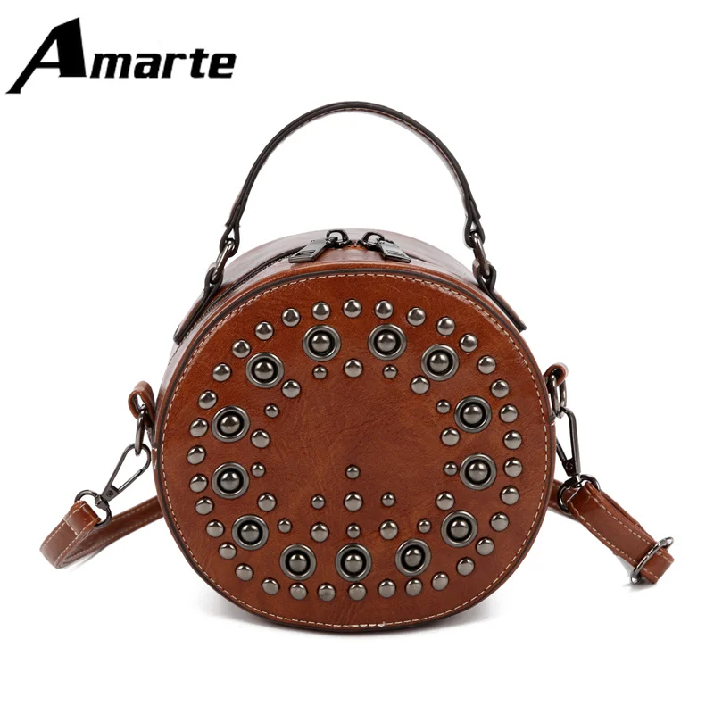 

Amarte New Five-color Round Bright Nail Women's Shoulder Bag Shape Fashion Small Young Ladies PU Shoulder Bag