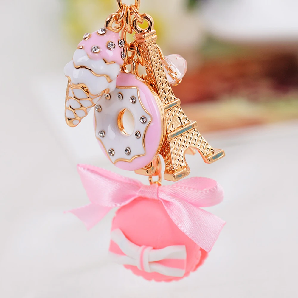 

Lovely Keychain Gold Eiffel Tower Pink Macaron Cake Dessert Tower Keychain Women's Handbag Key Ring Key Chain