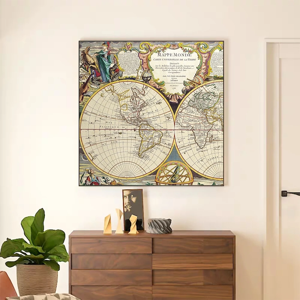 

Laeacco Canvas Calligraphy Painting Retro World Map Wall Artwork Globe Vintage Posters and Prints Home Living Room Decor Picture
