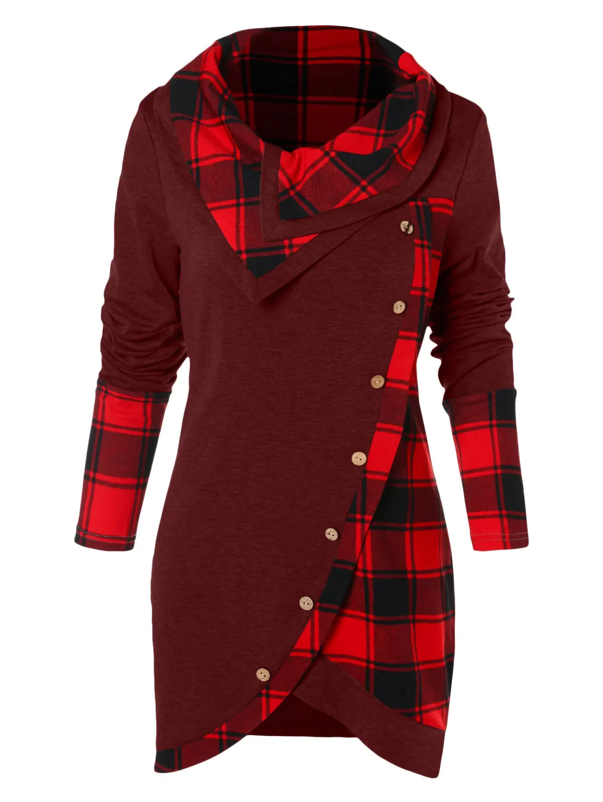 IEason Women Plus Size Plaid Print Patchwork Tops Asymmetrical Cowl Neck Button Long Sleeve Clothes IEason Women Plus Size Plaid Print Patchwork Tops Asymmetrical Cowl Neck Button Long Sleeve Clothes