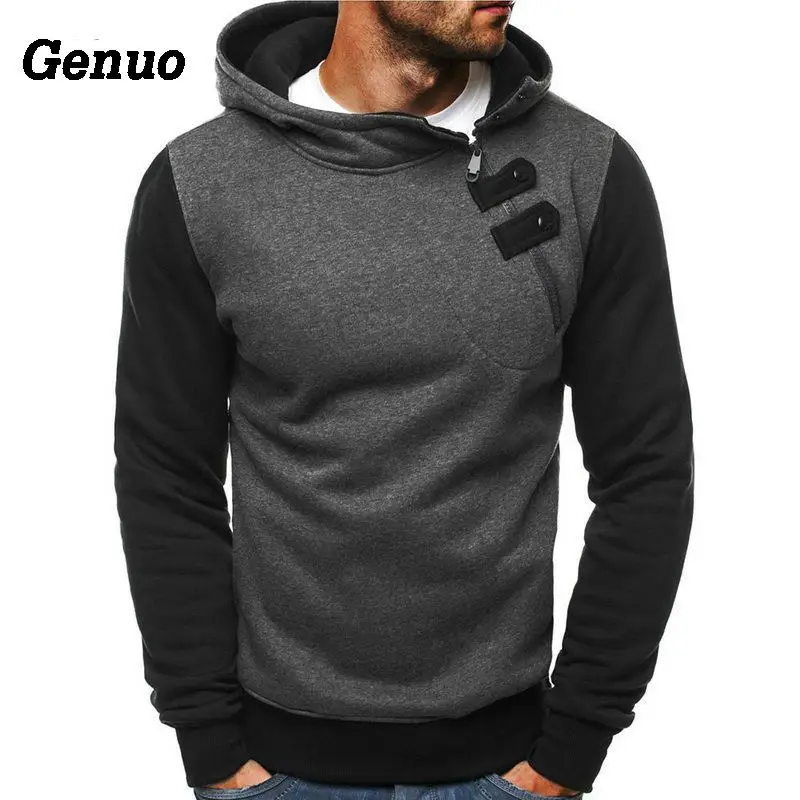 

Genuo Spring Autumn Men Hooded Fleece Thick Zipper Hoodie Patchwork Sweatshirt Slim Fit Pullover Top Hip Hop Sudaderas Hombre