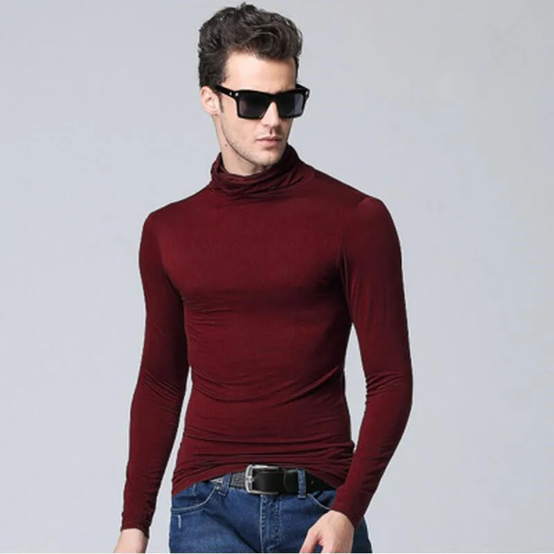 Мужская футболка, футболка с длинным рукавом, водолазка, футболка s, мужская, тонкая, зима, весна, модная, повседневная, Модальная, Мужская футболка, винно-красная - Цвет: red turtleneck