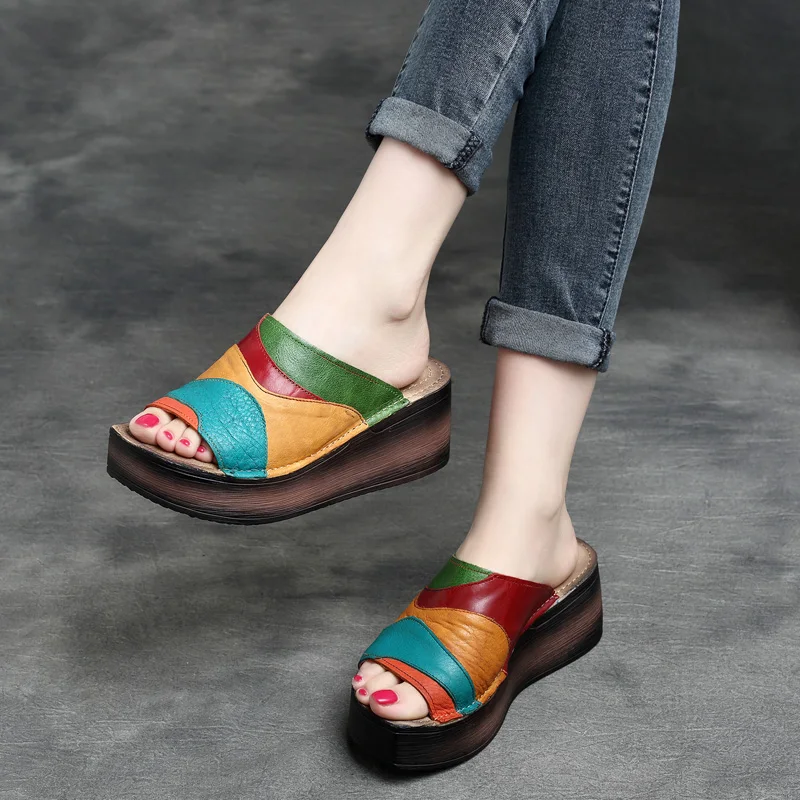 

Women Leather Slippers Wedge Summer Shoes 6 CM High Heels Slippers Women Rainbow Peep Toe Handmade Genuine Leather Beach Slipper