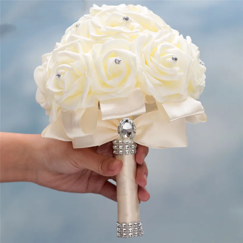 Наличии чистый белый цветы из материала pe пены Букеты Свадебные De Mariage Букеты Свадебные s и цвета слоновой кости pe Rose Diamond ленты букет W2018