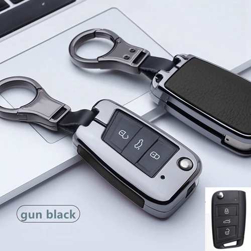 A key gun black Автомобильный металлический кожаный чехол для ключей цепочка на клапане для Volkswagen Golf 7 Polo MK7 Tiguan Passat для Skoda Octavia A7 Kodiaq Seat Leon Ibiza - Название цвета: A key gun black