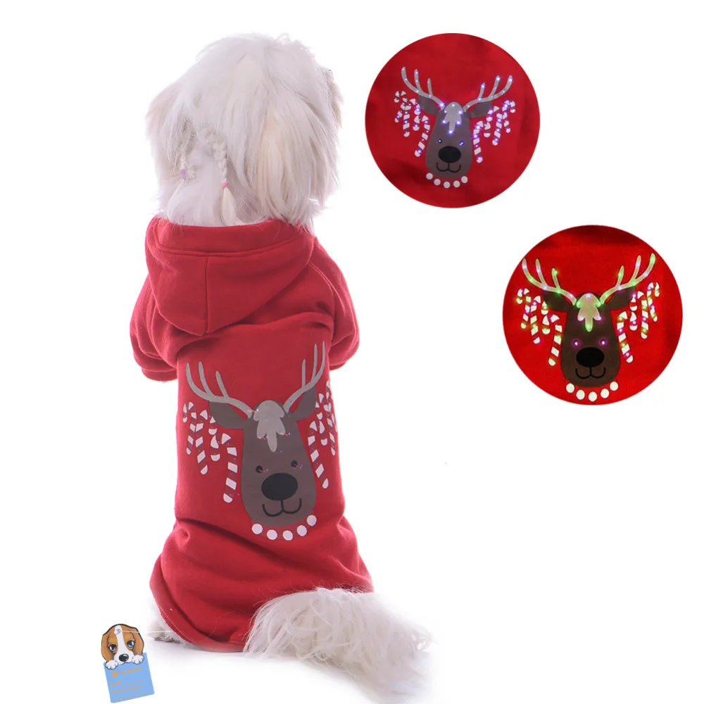 Рождество Лось светодиодный свет собака Комбинезоны для щенка милые красные зимние теплые пальто Pet Cat толстовки для собак куртка одежда с лампой
