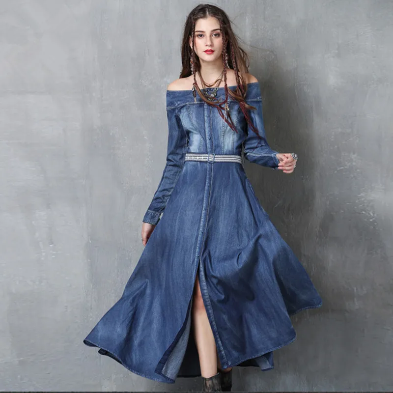 

Autumn Vintage Denim Dress 2017 New Women Long sleeve Slash Neck A-line Breasted Long Blue Dresses with Belt Vestidos