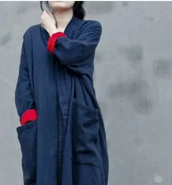 Винтажный этнический кардиган, китайский однотонный длинный рукав, хлопок, лен, Женская Длинная Верхняя одежда, повседневная женская одежда размера плюс - Цвет: as photo