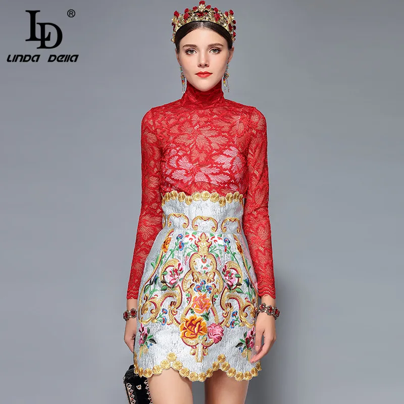 

LD LINDA DELLA Fashion Runway Women's Skirts 2 Two Pieces Sets Sexy Red Lace Top + Vintage Floral Embroidery Skirts Sets Suits