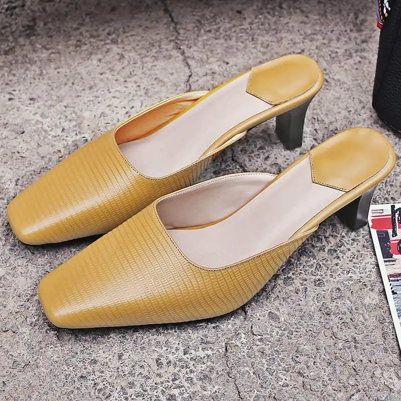 

2017 British lazy style square toe mules thick high heels slingback women slippers simple style superstar office lady sandals 57
