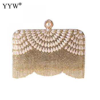 

Tassel Fashion Women Pearl Beaded Clutches Bag Crystal Party Wedding Evening Bag Bridal Gold Silver Banquet Clutch Purse Handbag