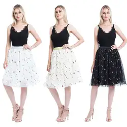 2018 Новый Puff Для женщин сетки Тюлевая юбка модные Винтаж плиссированные цветочной вышивкой Элегантные женские юбки-пачки Для женщин юбка