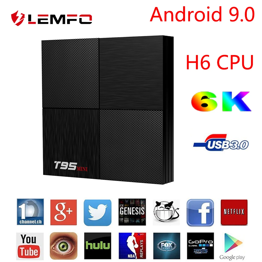

LEMFO 2019 Newest T95 Mini Smart TV Box Android 9.0 H6 Quad Core Cortex-A53 2GB 16GB 6K USB 3.0 Airplay Goole Play Set Top Box