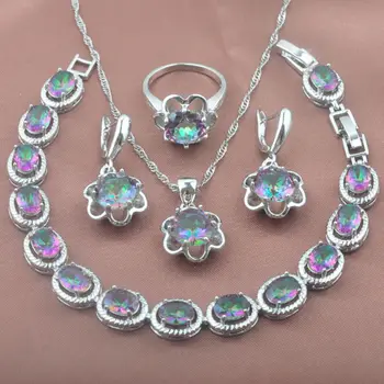 

Women's Wedding Jewelry Set Summer Accessories Bracelet Silver Color Necklace And Earrings Ring Set YZ0369