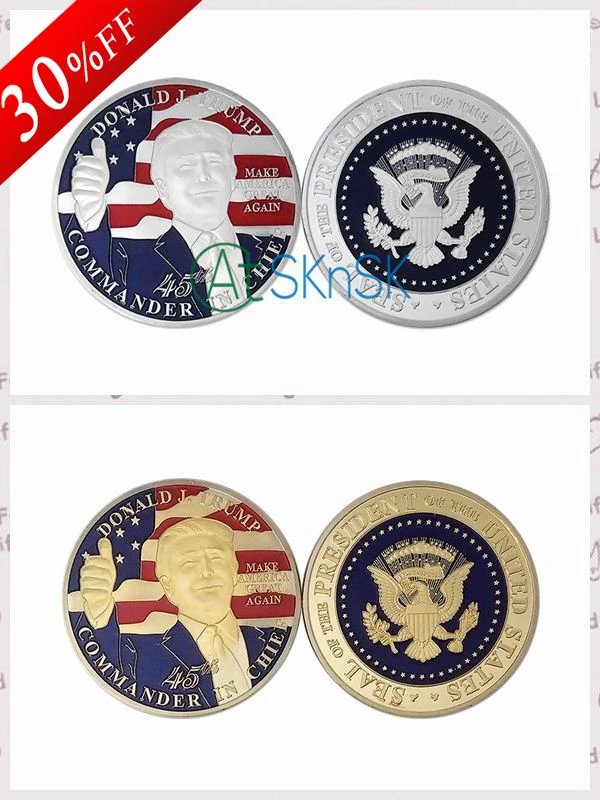 

2pcs/lot New TWO design Colored 2016 Make America Great Again Silver Plated and Gold Plated 45th President Donald Trump Coin