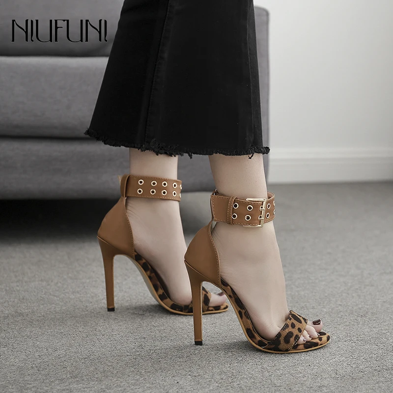 

Women Leopard Ankle Strap Fashion Rivet High Heels Sandals Sexy Open Toe Cover Heeled