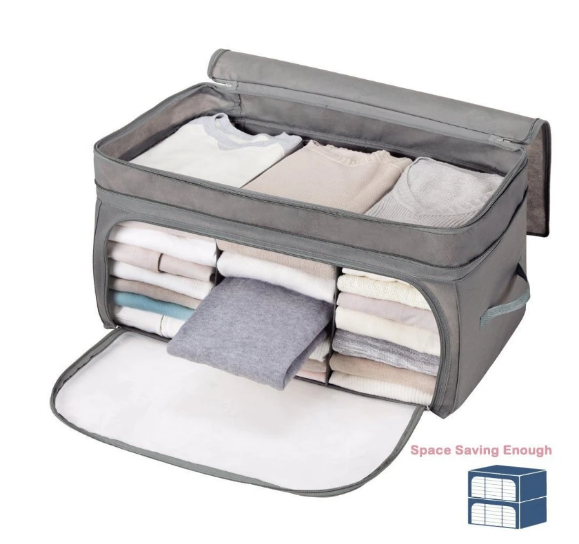

Bamboo Charcoal Storage Box, Folding Breathable Two Doors Clothing Quilt T-Shirt Organizer Container Blanket Zipper Under bed St
