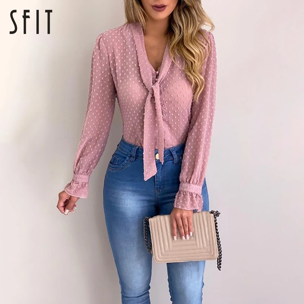 

SFIT Plus Size Women Bow Tie Neck Polka Dot Blouse 2019 Spring Casual Pearls Button Blouses Office Lady Workwear Blouse