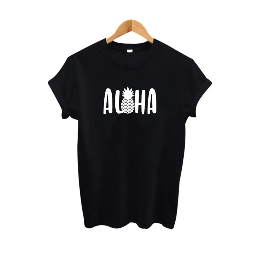 

Aloha Hawaii Harajuku Tumblr T Shirt Summer Cotton Tops Women Pineapple Printed Tshirt Vacation Graphic Tees Black White T-shirt