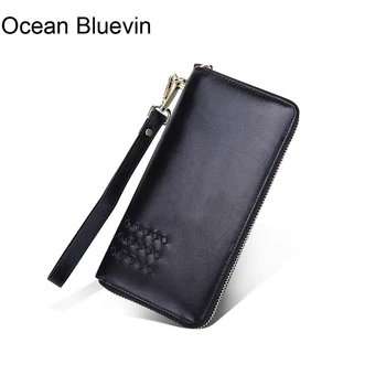 

OCEAN BLUEVIN New Genuine Cowhide Leather Men Long Knitting Wallet Vintage Zipper Business Purse Wallet for Male Large Holding