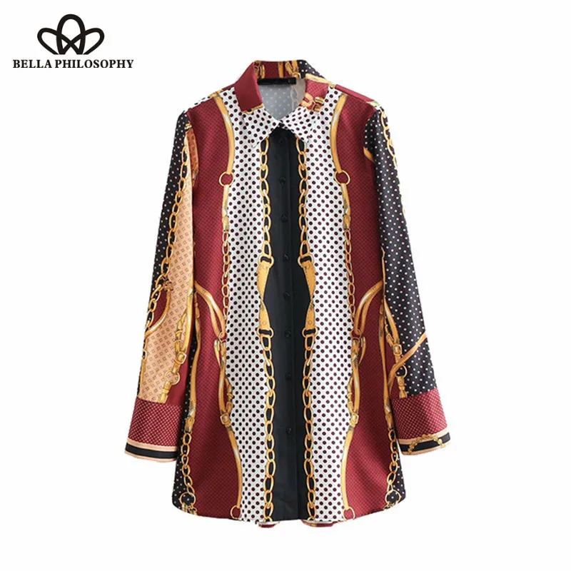 Wonder 2018 new autumn Vintage Chain Print Asymmetric Top Blouses Lapel Collar Long Sleeve Side Vents Shirts Casual Blusas Mujer