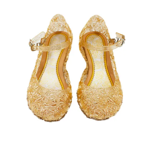 Летние пляжные сандалии для девочек; детская обувь для костюмированной вечеринки; коллекция года; модная детская обувь принцессы Эльзы, Золушки; сандалии с кристаллами; обувь для девочек - Цвет: Gold