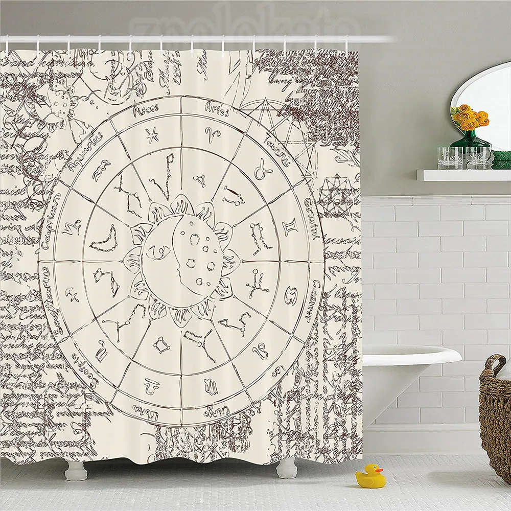 Sun and Moon Shower Curtain Ancient Papyrus Image Zodiac with Sun Moon