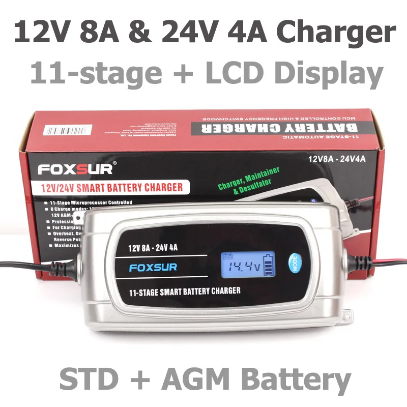 FOXSUR 12V 24V Waterproof Truck Car Battery Charger EFB GEL WET AGM Battery Charger with LCD Display Battery Type Selectable