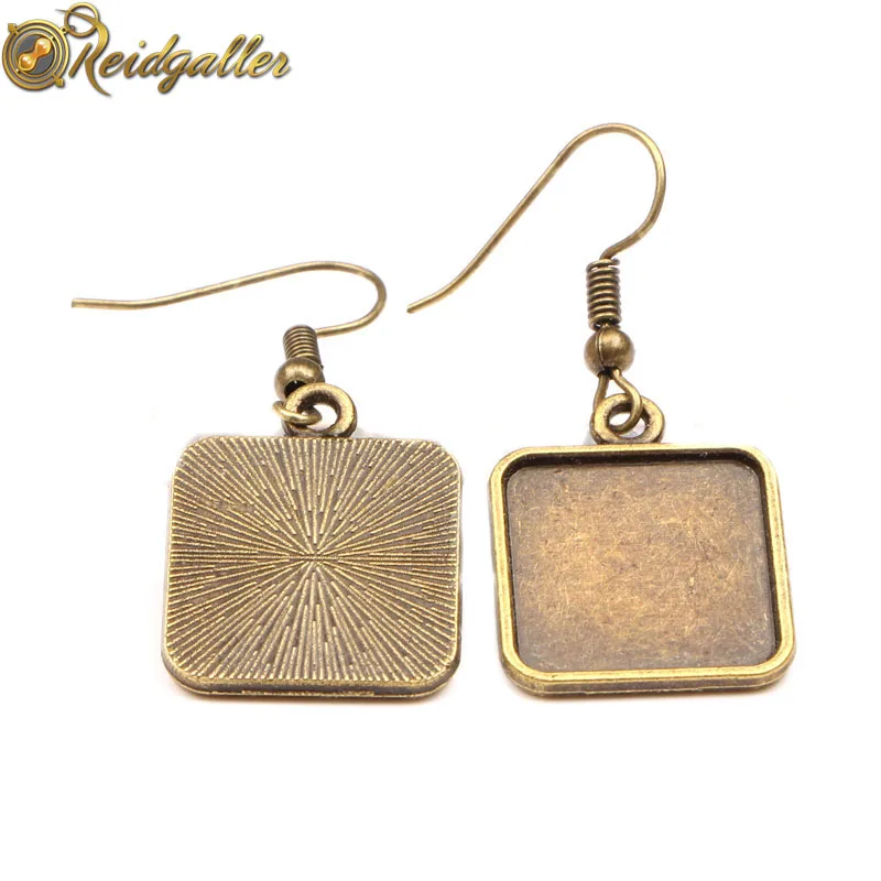 cheap 20pcs Fit 15mm Square Antique Bronze Dangle Earring Hooks Blank Earrings Cabochon Base Settings diy Jewelry findings