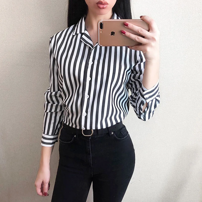 

Bigsweety Spring Autumn V-Neck Long Sleeve Shirts Vintage Women Striped Blouse Female Elegant Work Shirt office Tops With Button