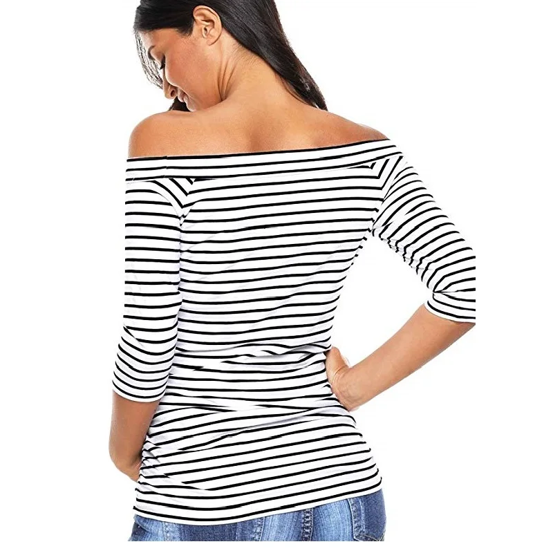 Womens Pregnancy Off Shoulder 3 Quarter Blouse Striped Top Maternity Clothes Slash Neck Pregnancy Womens Clothing ropa mujer