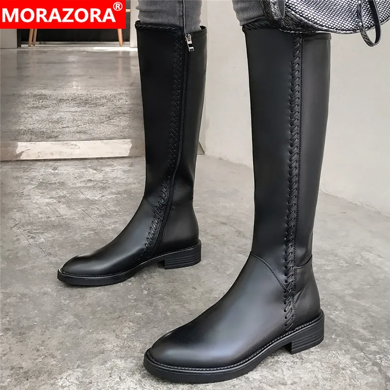 Женские сапоги из натуральной кожи MORAZORA черные до колена с круглым носком на