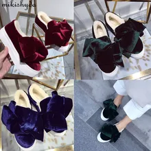 Плюшевые Платформы Лианы Большой Лук Плоские Женские Бархатные Туфли Ленивый Дамы досуг Низкой Помощи Женщин Закрыть Ног Шерсть Теплый Пушистый Поскользнуться На