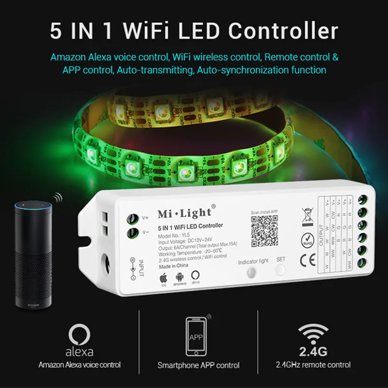 

Milight YL5 WIFI LED Controller For RGB RGBW CCT Single color led strip light tape Amazon Alexa Voice phone App Remote Control