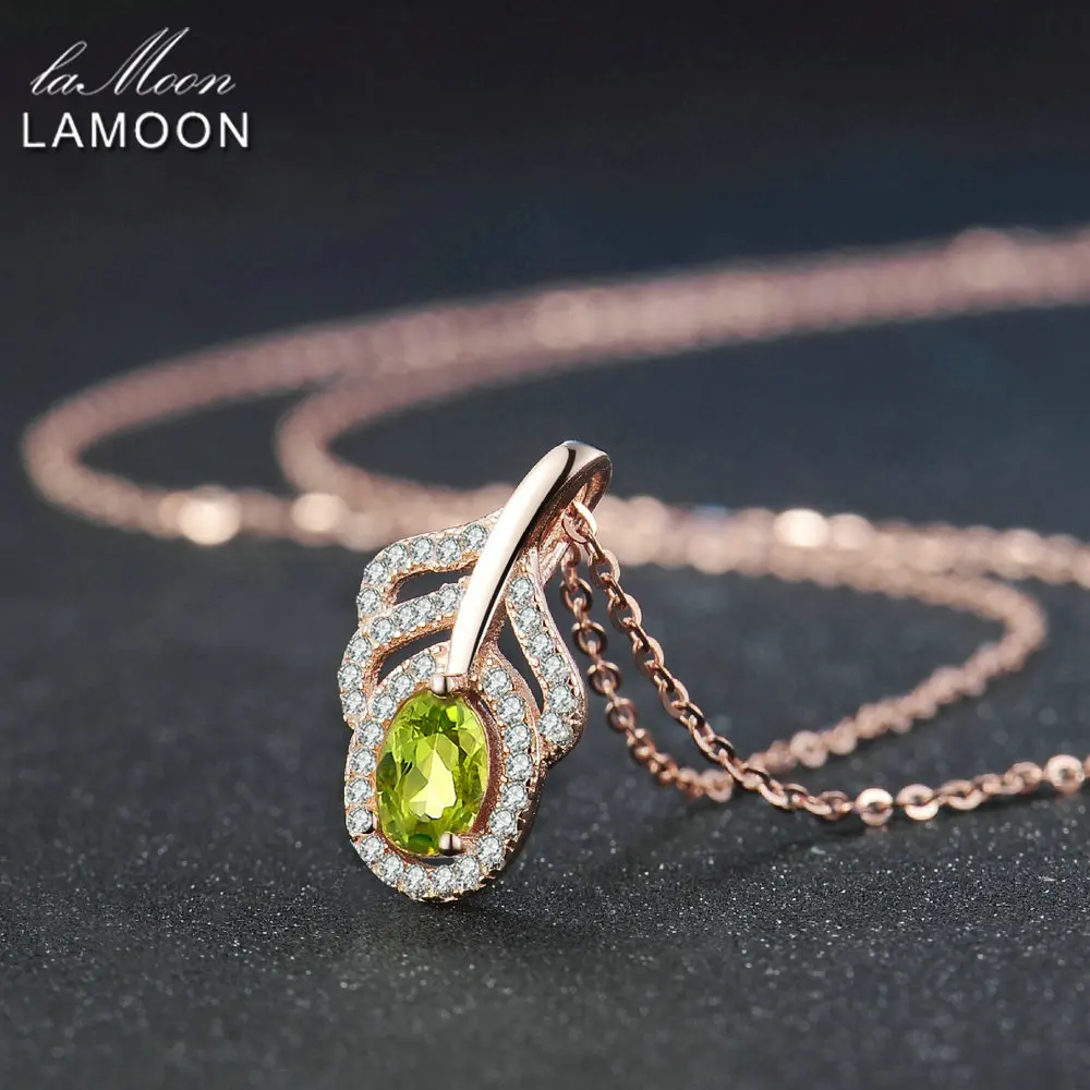 LAMOON Classic Leaf 100% Natural Oval Green Peridot Chain Necklace 925 Sterling Silver Jewelry LMNI058