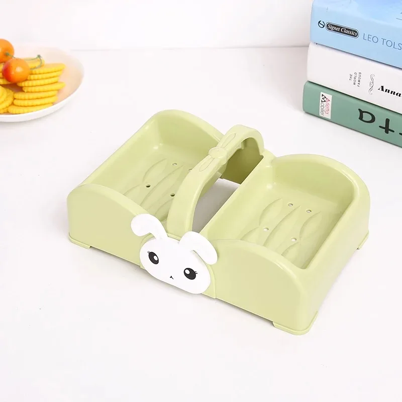 Bathroom Soap Dishes Box Holder Cute Double Lattice Portable Soap Box Creative Handle Drain Soap Dish Bathroom Accessories